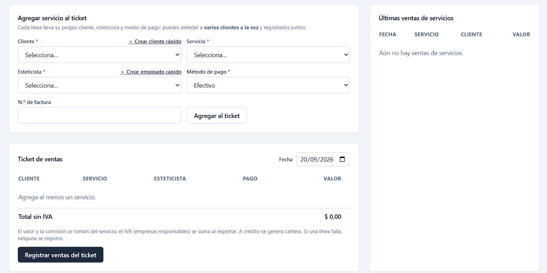 Pantalla de venta de servicios con ticket